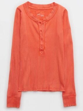 Aerie Road Trip Coral Ribbed Stretchy Long Sleeve Henley Sz XXL